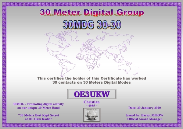 OE3UKW 30MDG 30 30 Certificate