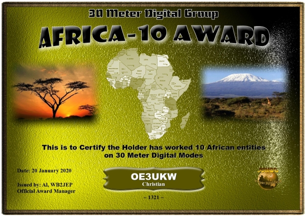 OE3UKW 30MDG Africa 10 Certificate
