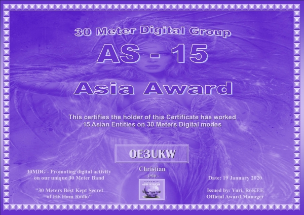OE3UKW 30MDG Asia 15 Certificate