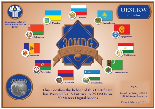 OE3UKW 30MDG CIS Bronze Certificate page 001