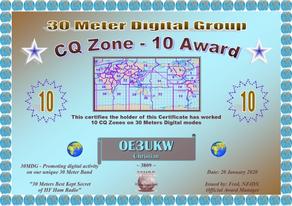 OE3UKW 30MDG CQZ 10 Certificate