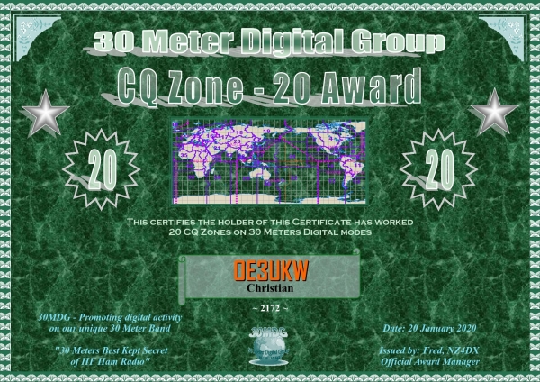 OE3UKW 30MDG CQZ 20 Certificate