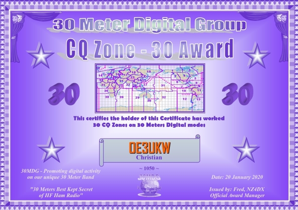 OE3UKW 30MDG CQZ 30 Certificate