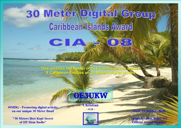 OE3UKW 30MDG Caribbean 08 Certificate