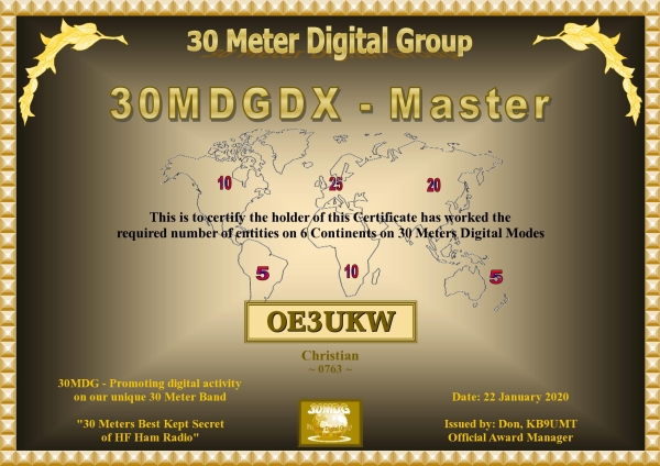 OE3UKW 30MDG DX MASTER Certificate