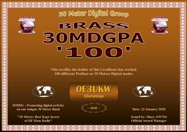 OE3UKW 30MDG PA 100 Certificate