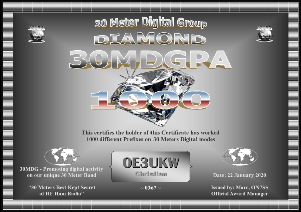 OE3UKW 30MDG PA 1000 Certificate