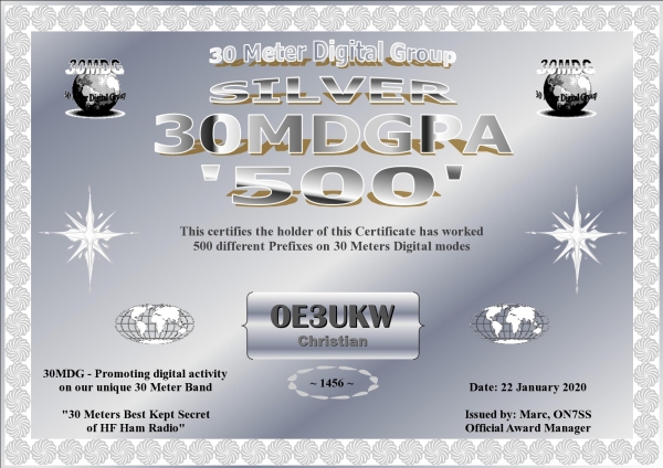 OE3UKW 30MDG PA 500 Certificate