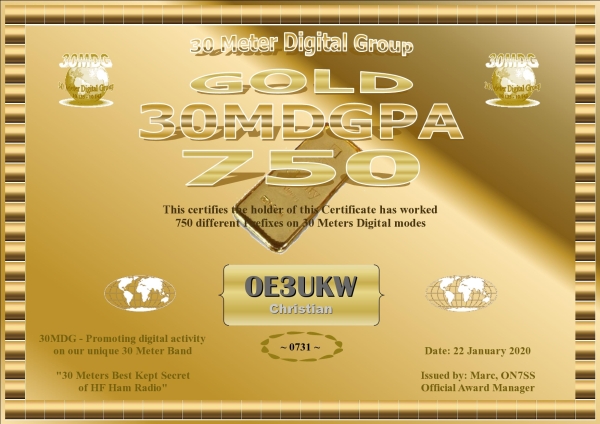 OE3UKW 30MDG PA 750 Certificate