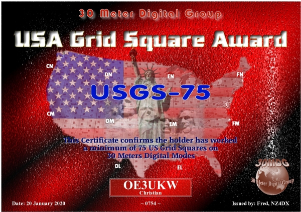 OE3UKW 30MDG USA Grid Square 75 Certificate