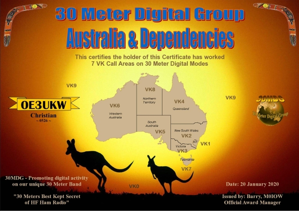 OE3UKW 30MDG VK Certificate