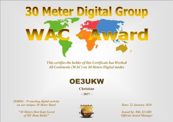 OE3UKW 30MDG WAC Certificate