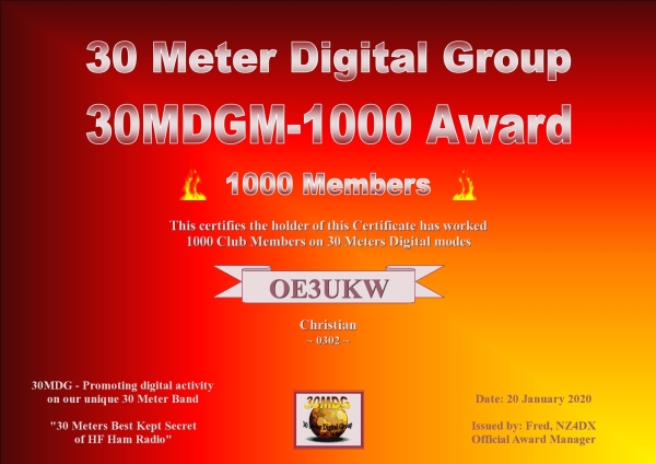 OE3UKW 30MDGM 1000 Certificate
