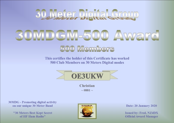 OE3UKW 30MDGM 500 Certificate