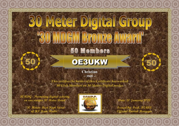 OE3UKW 30MDGM Bronze Certificate