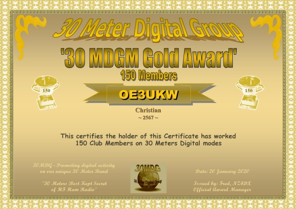 OE3UKW 30MDGM Gold Certificate